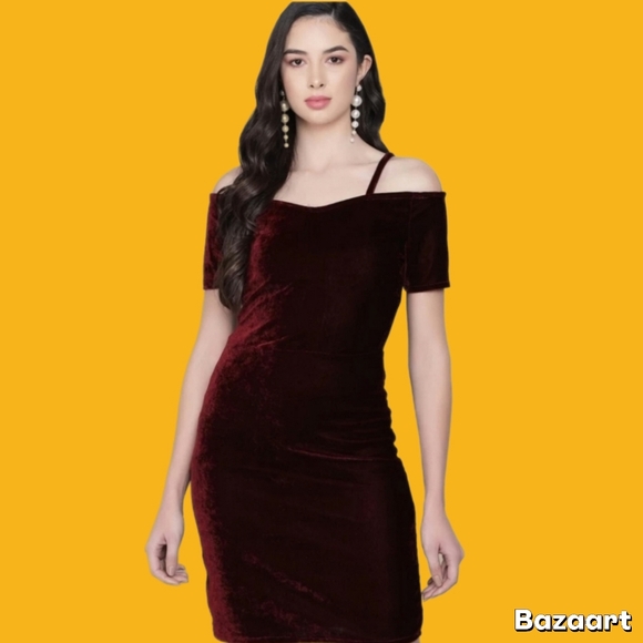 Velvet Dresses & Skirts - Red Velvet short Sleeve Bardot bodycon Dress
